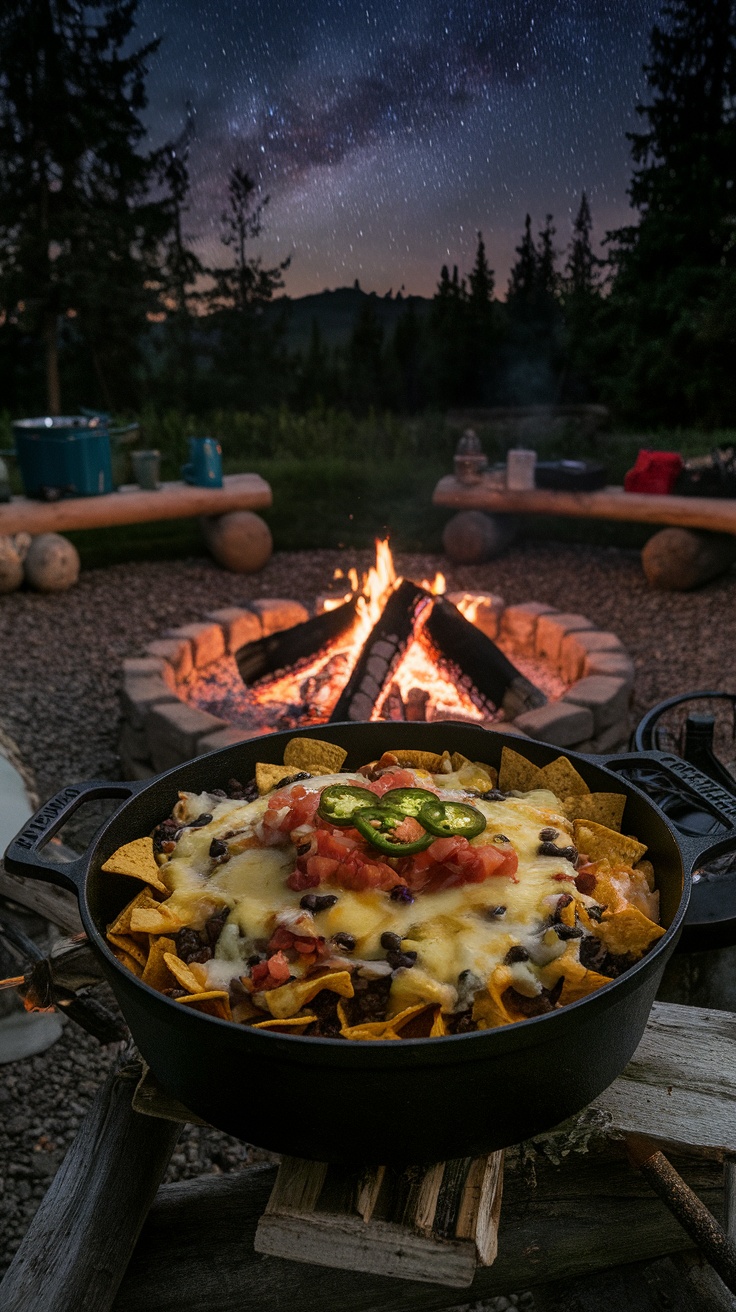 Campfire nachos in a Dutch oven with layers of cheese, tortilla chips, and toppings, by a campfire under the stars.